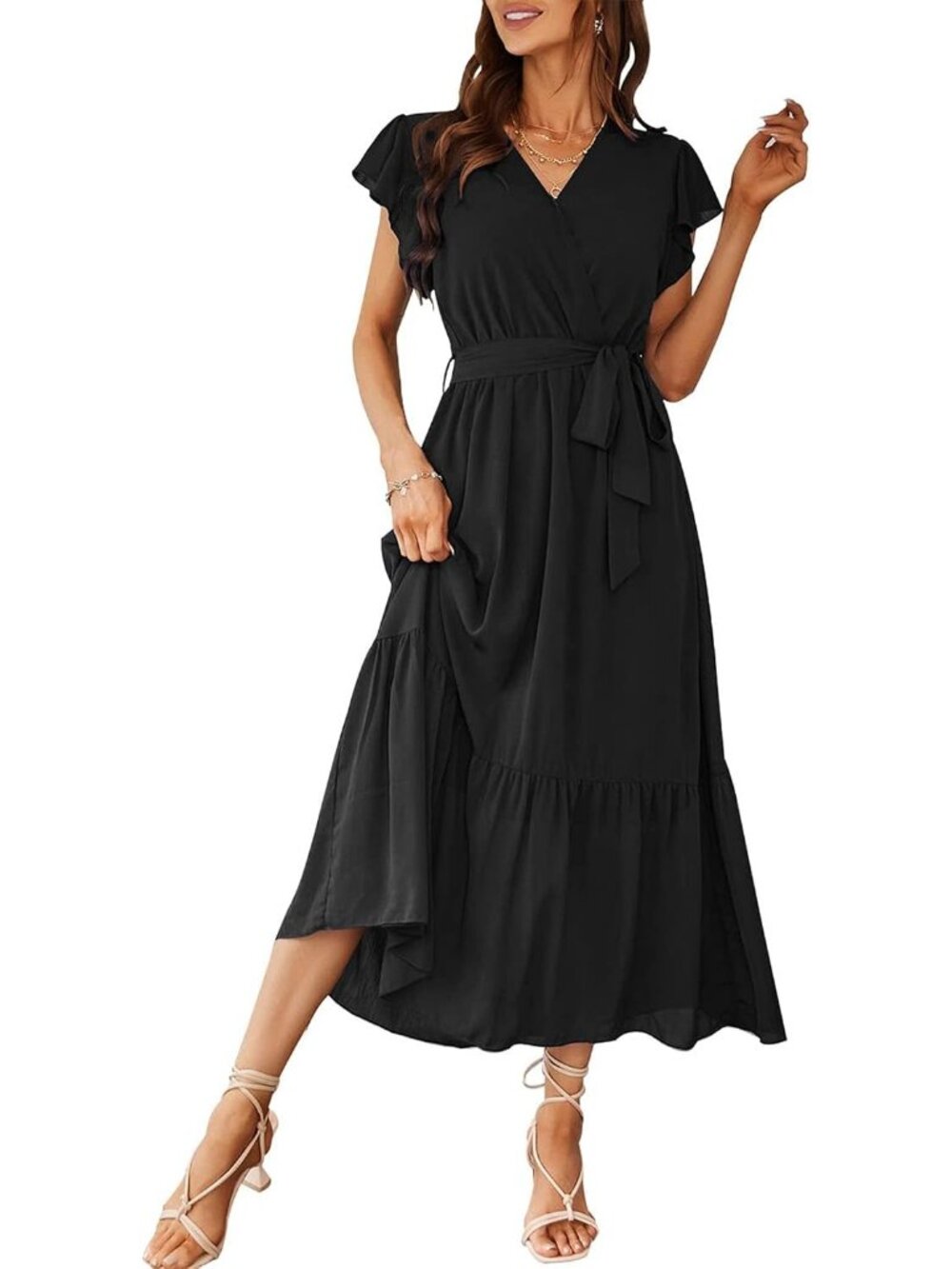 Women's Black Summer Short Sleeve Wrap V Neck Floral Boho Guest Maxi Dresses